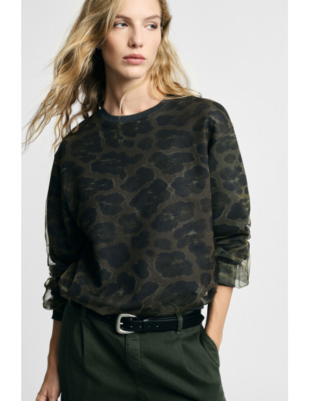 Animal Print Sweatshirt Round Neck Long Sleeves Please