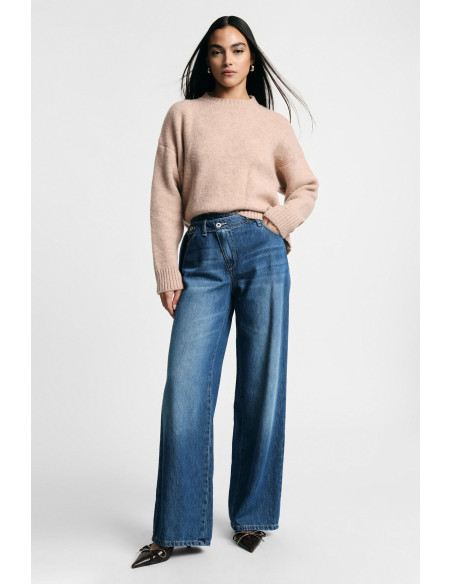 Wide-Leg Jeans with High Waist and Asymmetrical Waistband Please