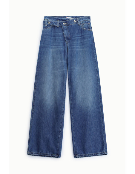 Wide-Leg Jeans with High Waist and Asymmetrical Waistband Please