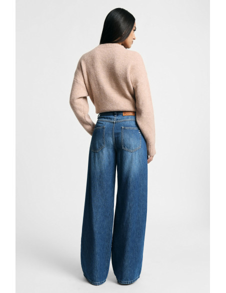 Wide-Leg Jeans with High Waist and Asymmetrical Waistband Please