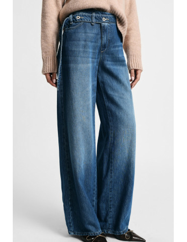 Wide-Leg Jeans with High Waist and Asymmetrical Waistband Please