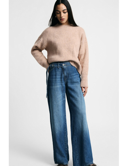 Wide-Leg Jeans with High Waist and Asymmetrical Waistband Please