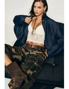 Cropped Denim Jacket with Zip and Wide Sleeves Please
