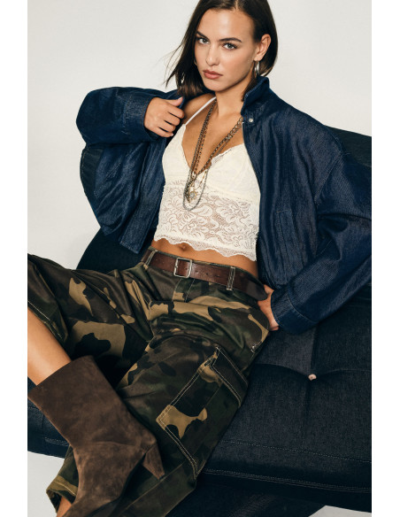 Cropped Denim Jacket with Zip and Wide Sleeves Please