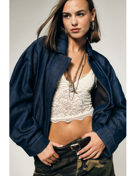 Cropped Denim Jacket with Zip and Wide Sleeves Please
