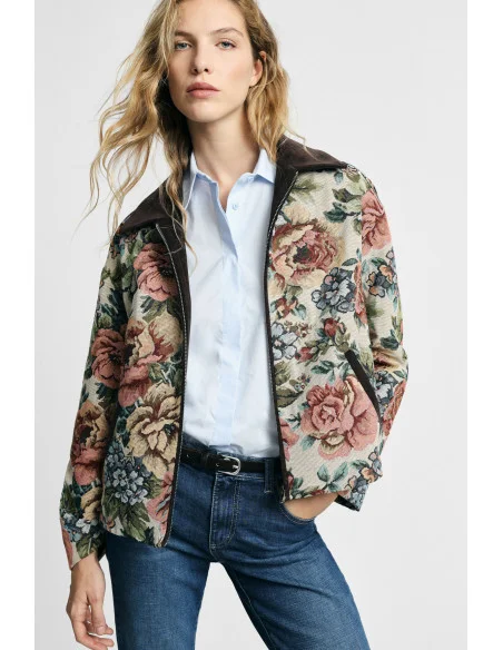 Floral Print Bomber Jacket with Zip Please
