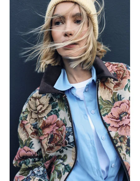 Floral Print Bomber Jacket with Zip Please