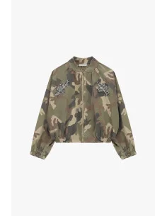 Cropped Camouflage Print Bomber Jacket with Jewel Embroidery Please 2