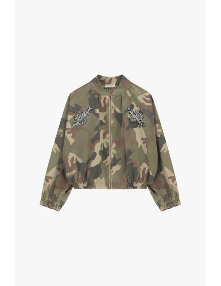 Cropped Camouflage Print Bomber Jacket with Jewel Embroidery Please