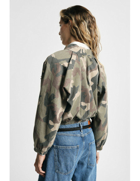 Cropped Camouflage Print Bomber Jacket with Jewel Embroidery Please