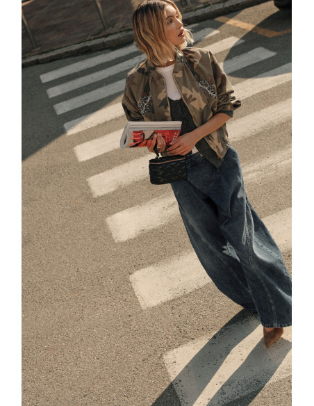Cropped Camouflage Print Bomber Jacket with Jewel Embroidery Please