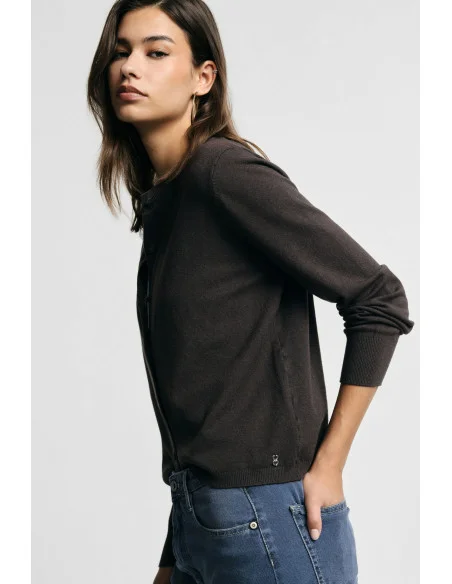 Cardigan à col rond à manches longues et à boutons Please - Marron