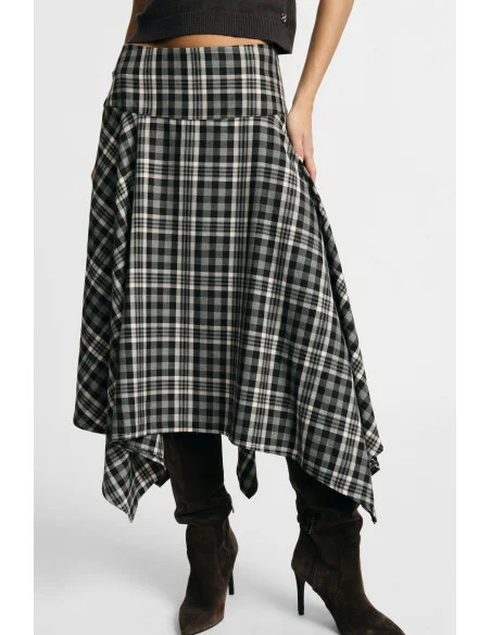 Asymmetrical High-Waisted Checked Midi Skirt Please