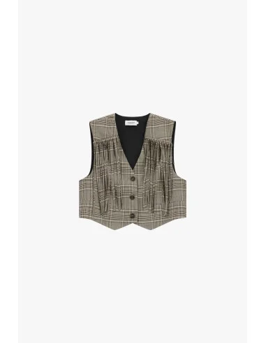 Fringed Checkered Vest with Button Closure Please