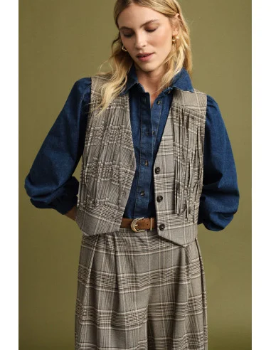 Gilet à carreaux avec franges et fermeture à boutons Please