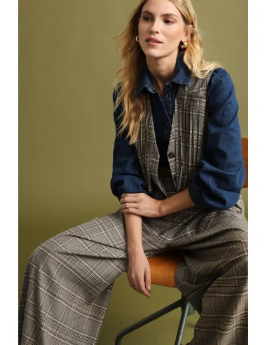 Fringed Checkered Vest with Button Closure Please