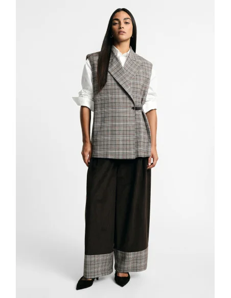 Pantalon palazzo taille haute à revers à carreaux Please