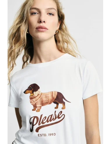 Crew-Neck T-Shirt with Dog Print Please Please