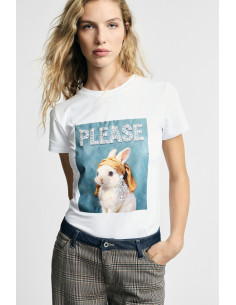 T-shirt à col rond avec imprimé lapin décoré Please