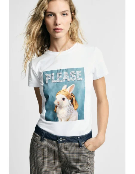 Round-Neck T-Shirt with Decorated Rabbit Print Please