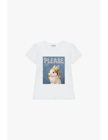 Round-Neck T-Shirt with Decorated Rabbit Print Please
