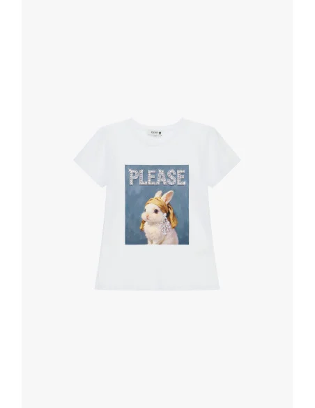 T-shirt à col rond avec imprimé lapin décoré Please