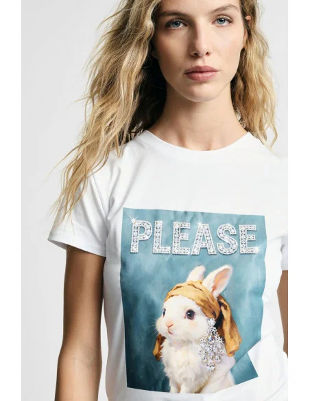 Round-Neck T-Shirt with Decorated Rabbit Print Please