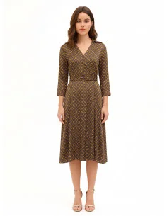 Midi Satin Shirt Dress with V-Neck and Matching Structured Belt Rinascimento