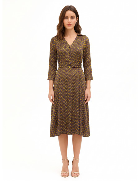 Midi Satin Shirt Dress with V-Neck and Matching Structured Belt Rinascimento