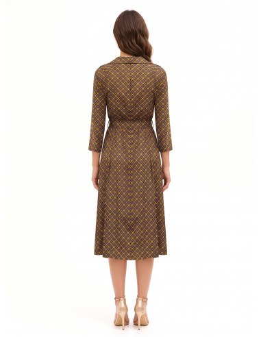 Midi Satin Shirt Dress with V-Neck and Matching Structured Belt Rinascimento