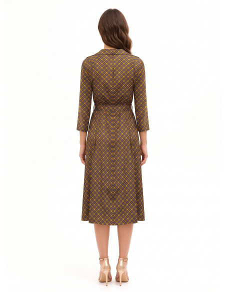 Midi Satin Shirt Dress with V-Neck and Matching Structured Belt Rinascimento