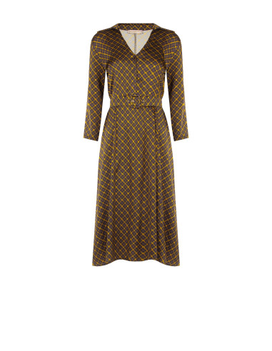 Midi Satin Shirt Dress with V-Neck and Matching Structured Belt Rinascimento
