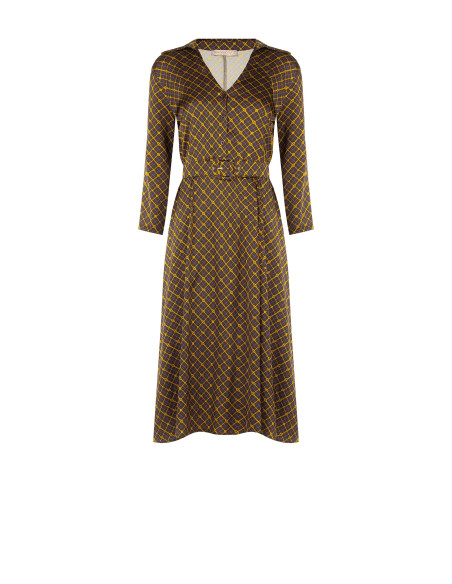 Midi Satin Shirt Dress with V-Neck and Matching Structured Belt Rinascimento