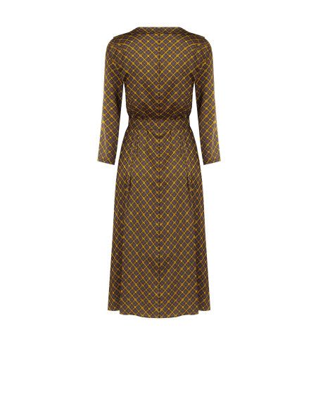 Midi Satin Shirt Dress with V-Neck and Matching Structured Belt Rinascimento