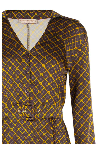 Midi Satin Shirt Dress with V-Neck and Matching Structured Belt Rinascimento