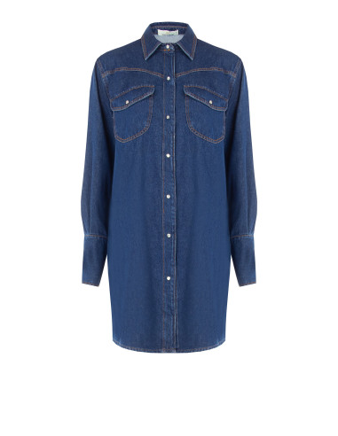 Oversized Short Denim Shirt Dress With Patch Pockets And Snap Buttons Rinascimento