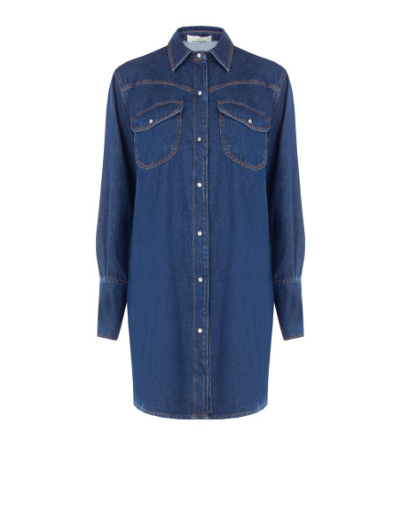 Oversized Short Denim Shirt Dress With Patch Pockets And Snap Buttons Rinascimento