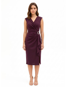 Robe midi en lycra à décolleté cache-cœur en V, détail bijou et long volant Rinascimento