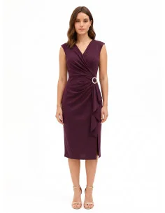 Midi Lycra Dress with Crossed V-Neckline, Jewel Detail and Long Ruffle Rinascimento