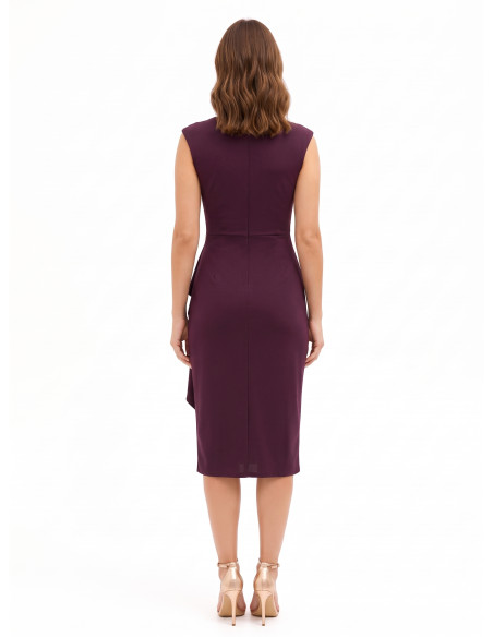 Robe midi en lycra à décolleté cache-cœur en V, détail bijou et long volant Rinascimento