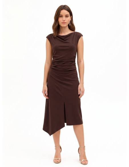 Long Ruched Knit Dress with Asymmetrical Hem Rinascimento