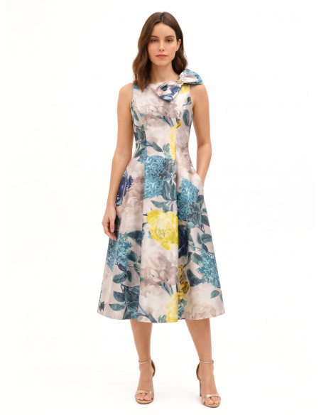 Rinascimento Duchesse Structured Satin Midi Dress with Bow and Pockets – Teal Blue