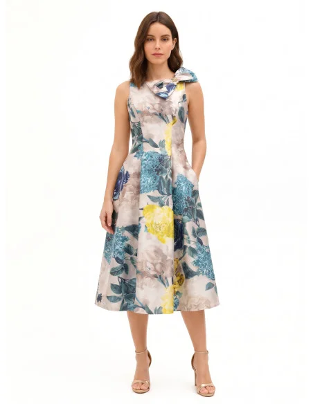 Robe midi en satin duchesse structuré avec nœud et poches Rinascimento - Bleu pétrole
