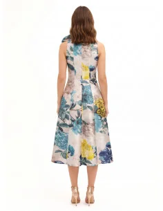 Rinascimento Duchesse Structured Satin Midi Dress with Bow and Pockets – Teal Blue 2