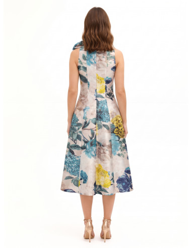 Rinascimento Duchesse Structured Satin Midi Dress with Bow and Pockets – Teal Blue