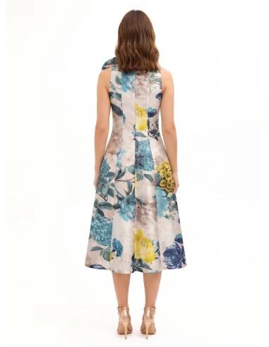 Robe midi en satin duchesse structuré avec nœud et poches Rinascimento - Bleu pétrole