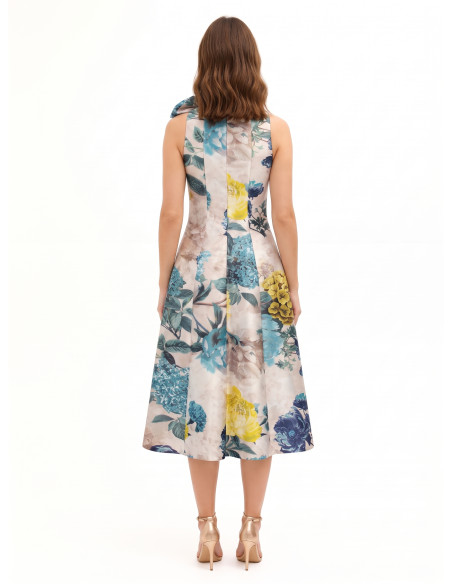 Rinascimento Duchesse Structured Satin Midi Dress with Bow and Pockets – Teal Blue