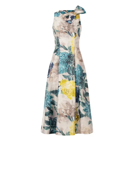 Robe midi en satin duchesse structuré avec nœud et poches Rinascimento - Bleu pétrole