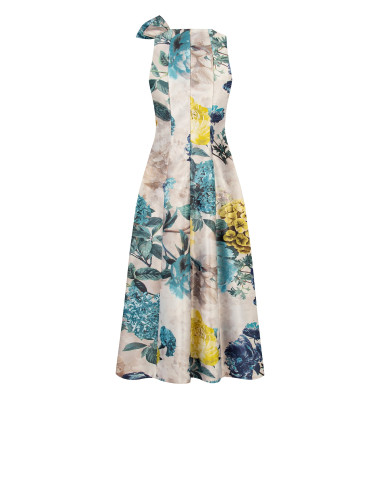Rinascimento Duchesse Structured Satin Midi Dress with Bow and Pockets – Teal Blue