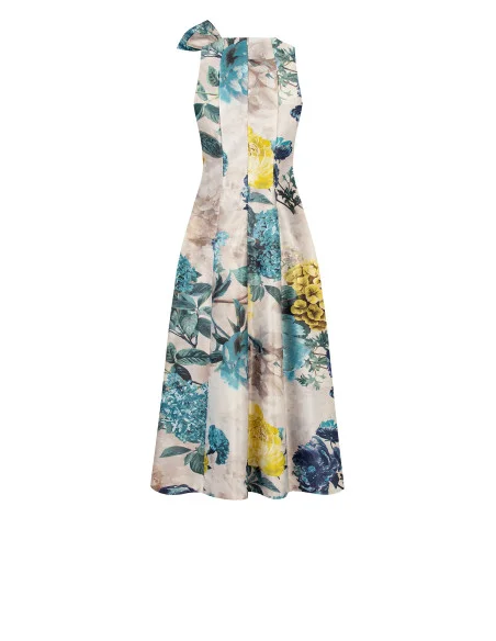 Robe midi en satin duchesse structuré avec nœud et poches Rinascimento - Bleu pétrole